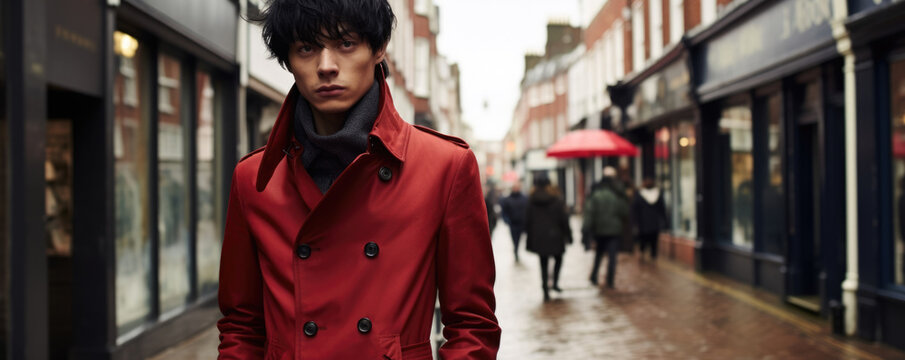 Quirky and eccentric an Asian trendsetter sports an offtherack militaryinspired clothescape on a high street. His almandine eyes sparkle with mischief as he watches the foot traffic