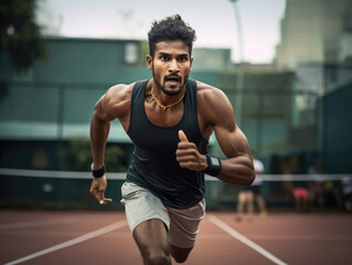 A South AsianAsian man running across a tennis court with a fierce focus on the ball. His body is tense and his face full of concentration and focus as he sprints forward.