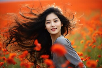 A graceful Chinese woman stands in a field of poppies her long raven hair blowing freely in the wind. She exudes a feeling of freedom and liberation her bright almond shaped eyes shining