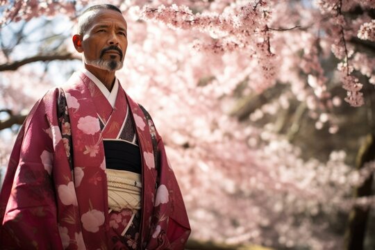 A Japanese man in a colourful kimono standing tall amid ancient cherry blossom trees the elegant trees and his bold traditional clothing combining to create a stunning balance of old