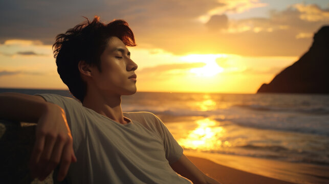 A young Japanese man is captured lounging on a beach reflecting on the beauty of his surroundings. He is surrounded by the ocean and the sun setting deep in the horizon highlighting