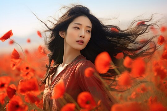 A graceful Chinese woman stands in a field of poppies her long raven hair blowing freely in the wind. She exudes a feeling of freedom and liberation her bright almond shaped eyes shining