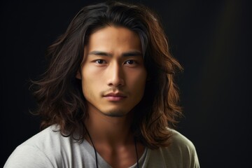 Fototapeta premium A confident Asian man holds his chin high radiating a strong sense of selfexpression. His tousled shoulderlength hair loose shirt and piercing gaze coming together in an expression