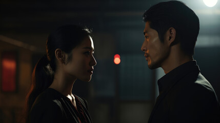 Two Asian actors making serious eye contact on the movie set close enough to almost touch. The womans light skin and dark hair set against the mans darker complexion creates a striking