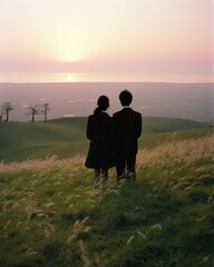 Two identically dressed Japanese students gaze into the horizon as they stand atop a grassy hill. With their black school uniforms swaying in the breeze and the rising sun casting