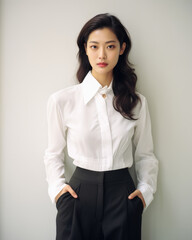 An elegant Korean woman in a white blouse and black trousers stands against a white wall her expression unreadable but her posture radiating a sense of sophistication.