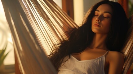 Obraz premium A Chinese woman close her eyes and gracefully reclines in a hammock her arms extended relaxed as she soaks in the sun. Her long black hair cascades around her her skin glowing in the