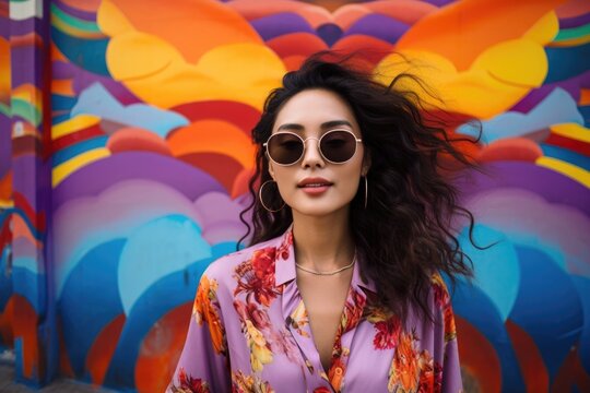 A Chinese woman stands before a colorful wall in the city. She is dressed for the summer her bright clothes and sunglasses making her stand out. The skyline behind her is an interesting
