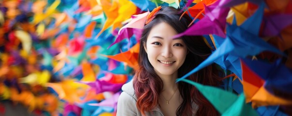 A young Asian woman smiles brightly at the camera her hair topped with an array of origami birds in bright colors. The traditional scene involves a sense of ingenuity a representation - Powered by Adobe