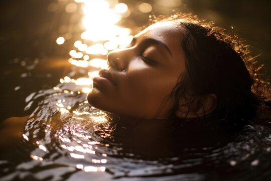 An Indian woman floats peacefully in a pool the sun sparkling on the water droplets that hang heavy on her skin. With eyes closed she sparkles with a deep sense of serenity.