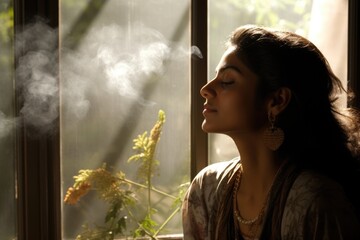 An Indian woman is cozied up in the corner of her sunroom the light radiating from the bright sky just outside the windows imparting her with a sense of calmness. The exotic scent