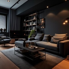 Studio apartment with black walls. Interior design of modern living room