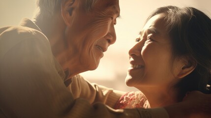 An elderly Vietnamese couple their arms locked as they look to the future with a bright glint in their black eyes. Contentment radiates from their ly lined faces the result of many