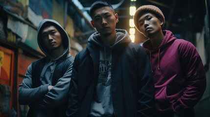 Fototapeta premium A trio of Asian men embrace in an alley of graffiti art. Their fashion adorned in vibrant hues their eyes filled with admiration for the work of budding street artists. The statement
