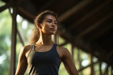 Fotobehang A Southeast Asian woman stands in a martial arts pose having just completed a workout session. Her supple muscles are emphasized with every confident movement she makes and are glistening © Justlight