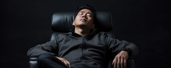 An Asian man reclines in an armchair his eyes dark and his expression sober. His hands are gently folded in contemplation and the minimalism of his posture hints at an ascetic way