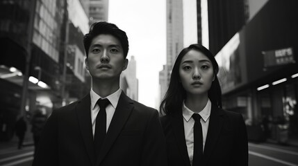 Fototapeta premium Two young Asian professionals stand poised and seriousfaced against a backdrop of contrasting black and white city streets. The stark palms and uniform clothing allude to a life of