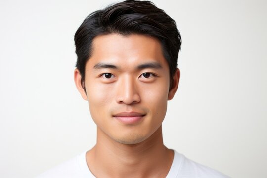 An Asian man with a kind face and a strong jawline stands with determined expression against a stark white background. His charismatic smile draws attention to his strong Asian features