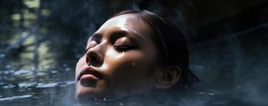 An Indonesian woman with her eyes shut in a pool of hot spring water contentedly allowing the warmth to permeate her aching muscles and caress her troubled soul.