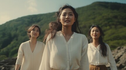 Three Japanese women of different ages linking arms and standing atop a scenic mountain peak demonstrating the strength and camaraderie of their native Asian community.