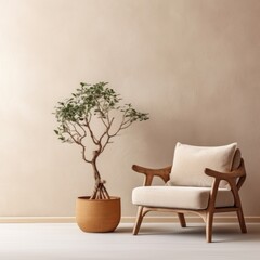Stylish armchair and bonsai tree in wooden pot. Interior design of modern living room with beige stucco wall with empty copy space