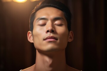 An Asian man in a yoga pose finding inner peace with each breath as an act of selfcare.