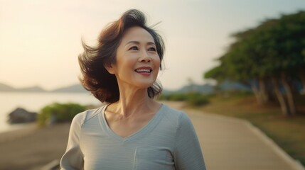 Fototapeta na wymiar A middleaged Asian woman enjoying a leisurely walk her eyes are passionately scanning the horizon and her strides are full of confidence her body testifying to years of commitment