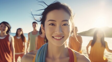 A group of colourful Asian faces turn towards the camera eyes shining with optimism as they stand on the sunny beach. In one frame a Chinese girl beams as she holds a yoga pose demonstrating