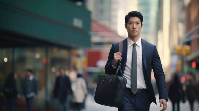 A sleek Chinese man wearing a navy blazer and tie strides forcefully down a city sidewalk briefcase in hand. His stern expression indicates his singlemindedness towards the upcoming