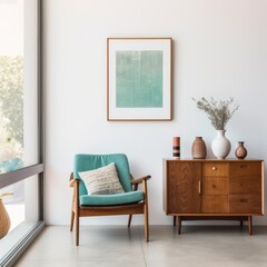 Turquoise chair near wooden cabinet and art poster on white wall. Interior design of mid-century living room
