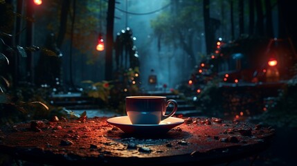 A table with cup of coffee in the middle of the forest