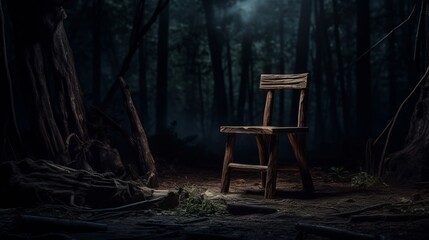 An empty wooden chair in the midst of a serene forest