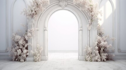 Fototapeta na wymiar A white elegance room with arch and flowers in the wall
