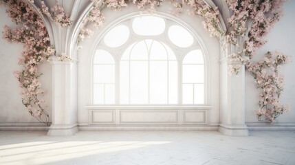 Fototapeta na wymiar A white elegance room with arch and flowers in the wall