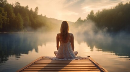 Photo of a woman enjoying the peacefulness of nature by sitting on a dock overlooking a serene lake