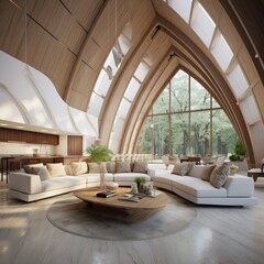 Fototapeta premium Vaulted cathedral ceiling in house. Interior design of modern living room