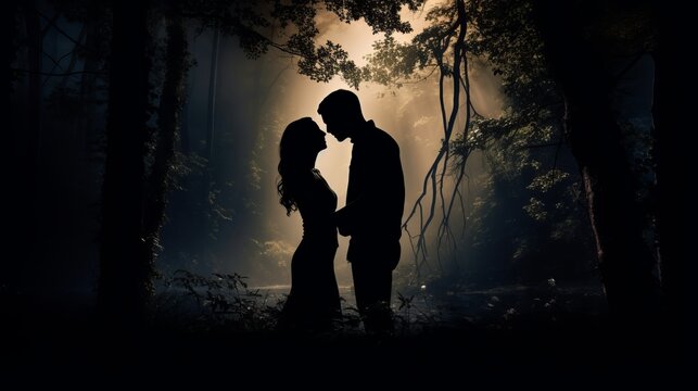 A couple in love is standing in a serene forest setting