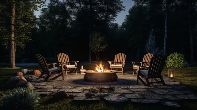 A cozy outdoor fire pit with chairs under the starry night sky