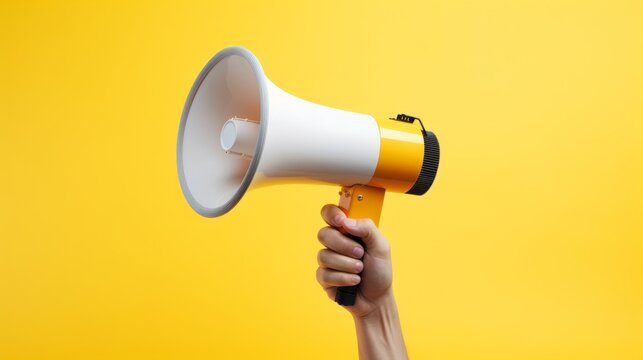 Photo of a person holding a yellow and white megaphone