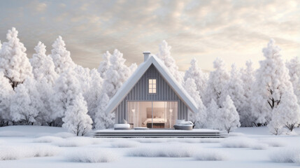 An icy covered farmhouse surrounded by snowcovered pine trees