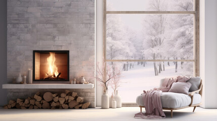 A modern winter interior with a fire place set into a whitepainted wall a plush armchair before the chimney and windows with light snowflakes swirling around the