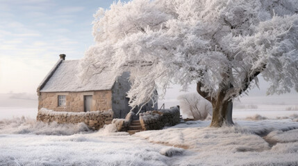 A whitewashed farmhouse snuggled up against an oak tree with a thin layer of frost on the sandstone steps.