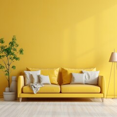 Vibrant yellow empty wall with space for text and cozy beige sofa. Interior design of modern living room