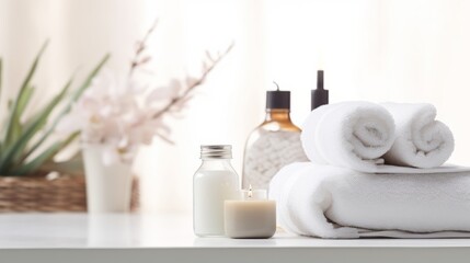 Photo of a clean and organized table with neatly stacked white towels
