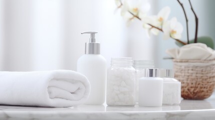 Photo of a clean and organized bathroom counter with white towels and soap dispensers