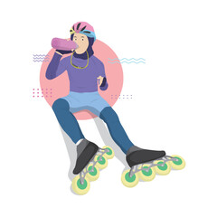 flat cartoon illustration of woman on roller skates sitting down