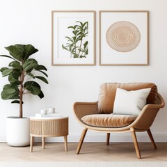 Wicker chair and knitted pouf near white wall with art poster frame. Mid century style interior design of modern living room