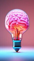 Beautiful light bulb with a pink brain model inside of it. Minimal creative concept of a-ha moment, a great idea, invention or intelligence