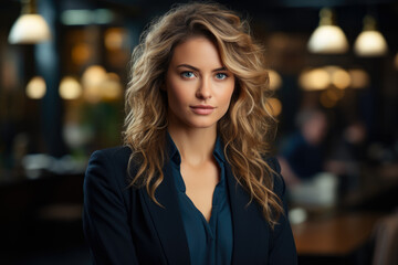 Obraz premium A Resilient and Career-Driven Young Woman: A Beautiful Blonde with Long Hair, Confidently Looking at the Camera in her Blue Shirt, Embodying Depth of Field and Realistic Professionalism