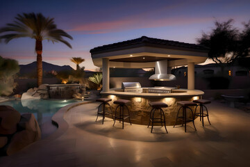 custom outdoor kitchen & living area design of high-end luxury style custom homes